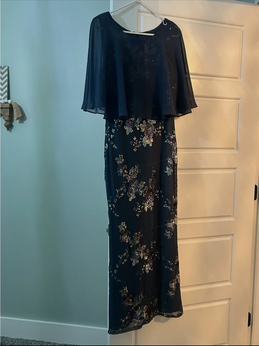 Navy Sequin Floral Maxi Skirt with Chiffon Overlay